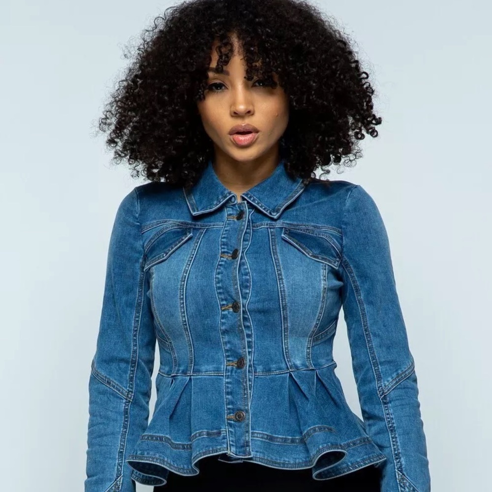 Peplum Denim Long Sleeve Jacket in 
S M L XL 1X 2x